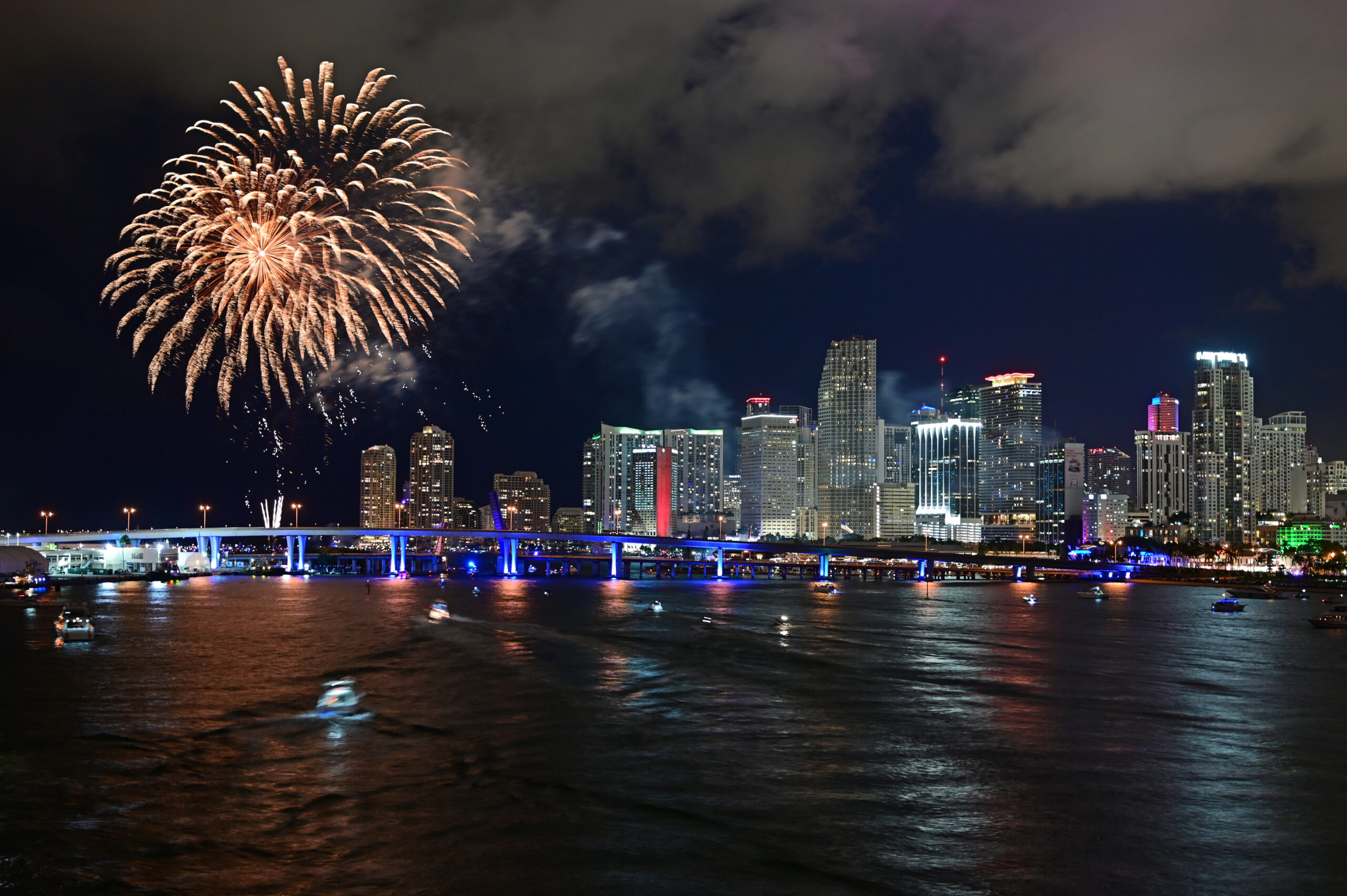 Fourth of July fireworks above City of Miami skyline in 2019. South