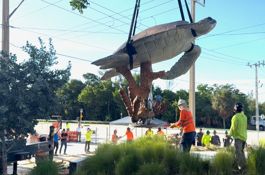 Wyland bronze turtle & reef sculpture on display in Dania Beach