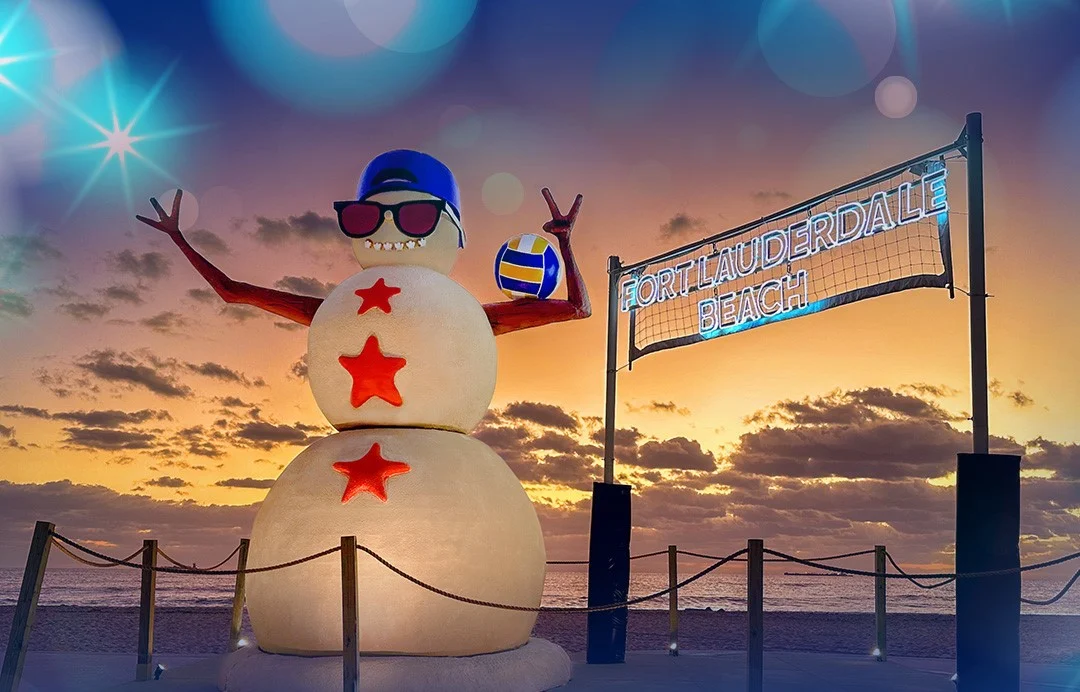 Festive flamingos, live performances & Olas The Beach Snowman at Oceanside Park in Fort Lauderdale