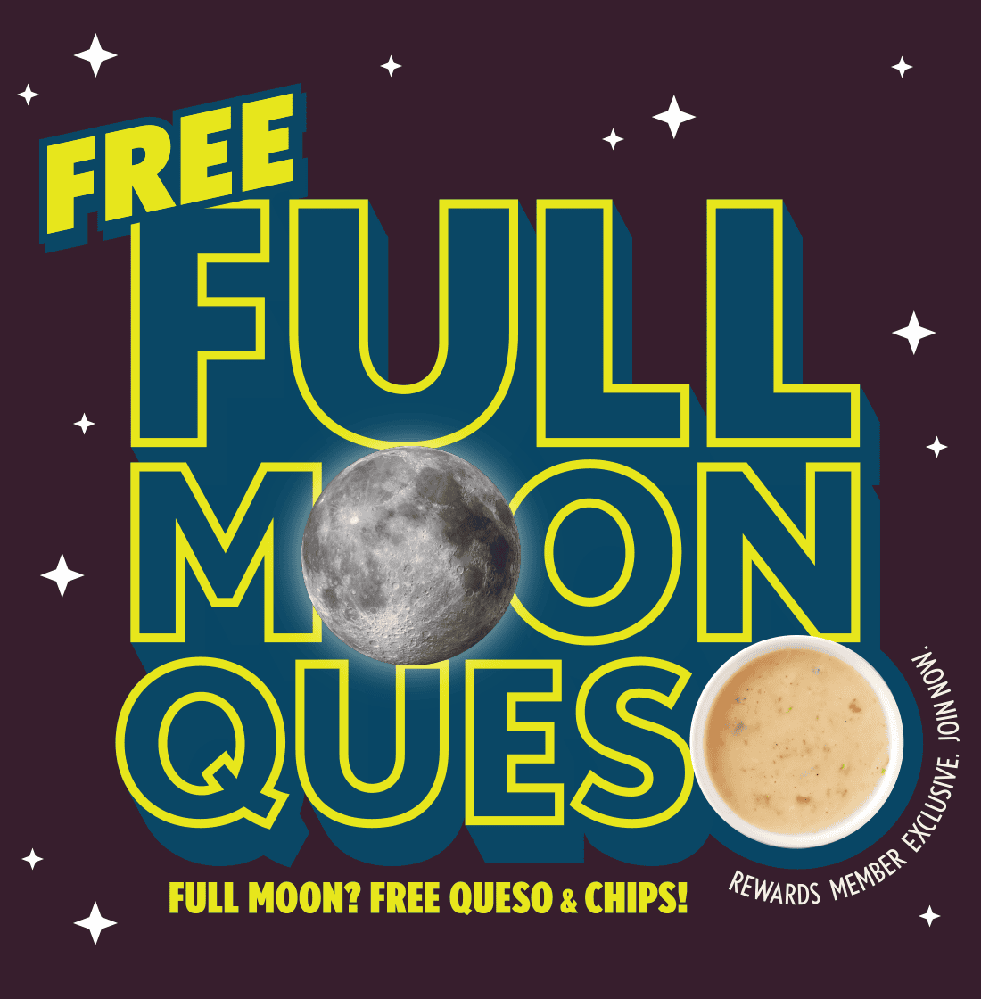 Enjoy free Chips & Queso at QDOBA for every full moon in 2026