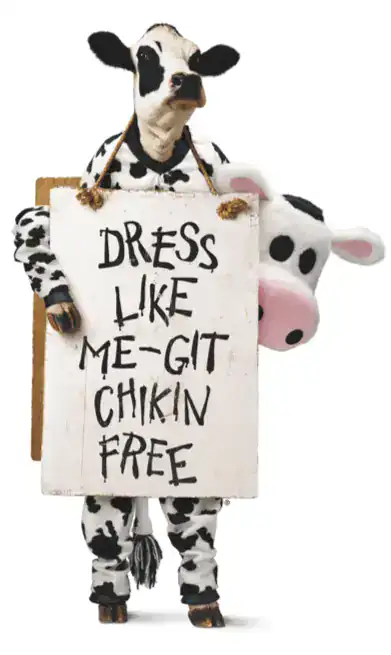 Dress like a cow for free entrée on Cow Appreciation Day at Chick-fil-A, July 14
