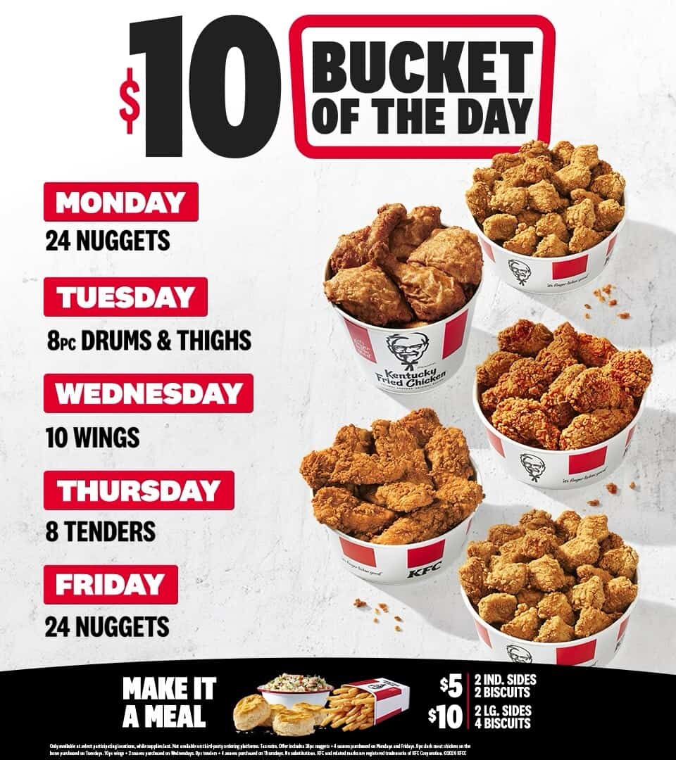 Kentucky Fried Chicken offers $10 ‘Bucket of the Day’ deal each weekday for limited time
